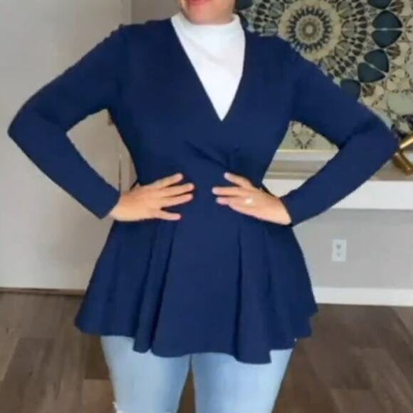 Girl With Curves Ponte Peplum Blazer in Navy Blue - Picture 3 of 9